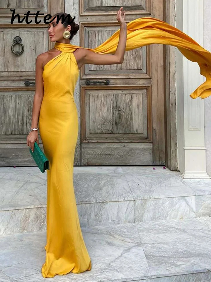 Elegant satin ribbon long party dress for women solid sleeveless and backless springsummer womens fashionable evening 250409