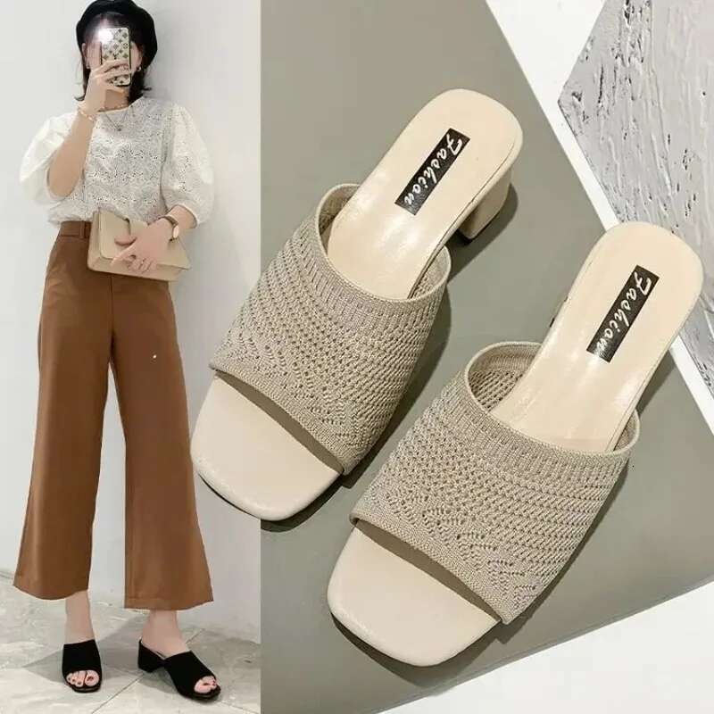 Closed Toe Comfort Fashion Fly Weave Outdoor Sandals Women Medium Heel Slippers 2025