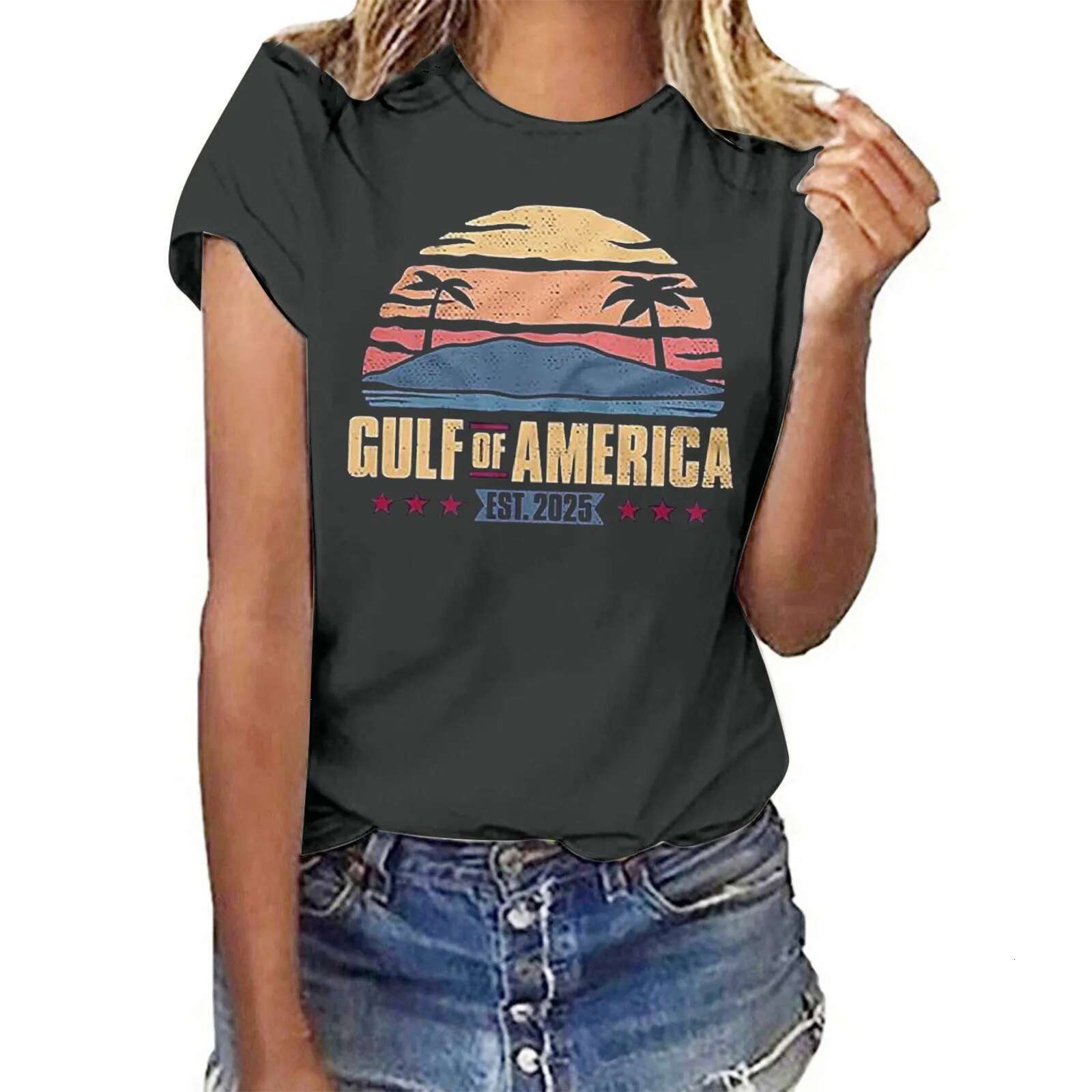 Dongdumaoyi Gulf Of America Est T Shirt For Women S Letter Print Crew Neck Short Sleeve Tee Tops Female Clothes Shirt