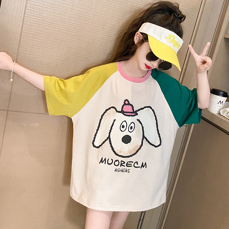 Ddmyshoesvip Girls Short Sleeved T Shirt New Style CUHK Children S Summer Fashion Single Product Cartoon Color Blocked Shoulder Sleeve Top