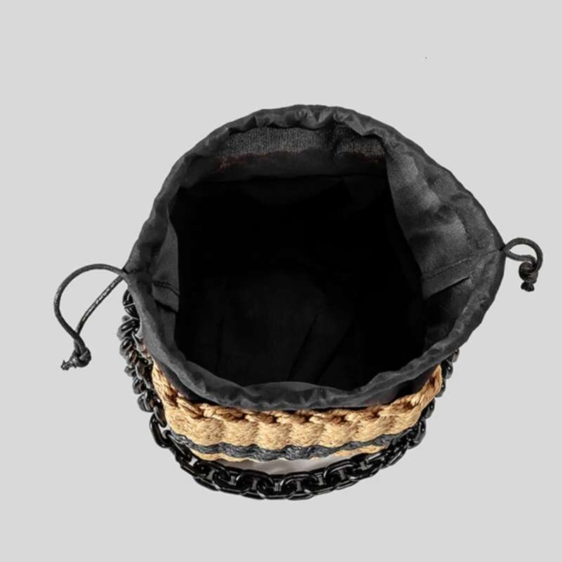 Female Summer Square Straw Design Acrylic Chain Women's Drawstring Shoulder Bohemian Bali Vacation Travel Beach Bag