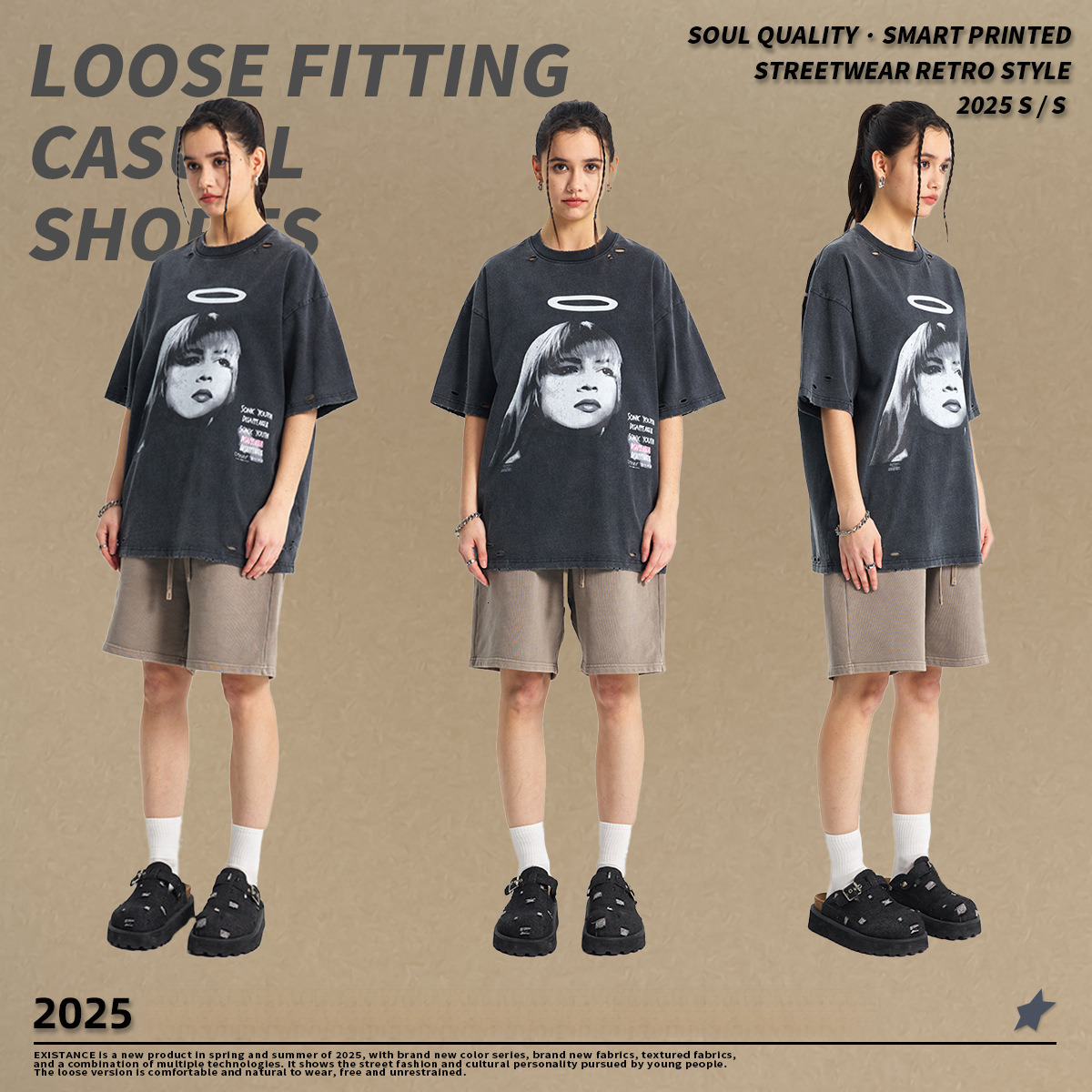 2025 Summer New Product Washing Destruction Direct Spray Printed Short Sleeve Street Dark Leisure Loose T-shirt Men