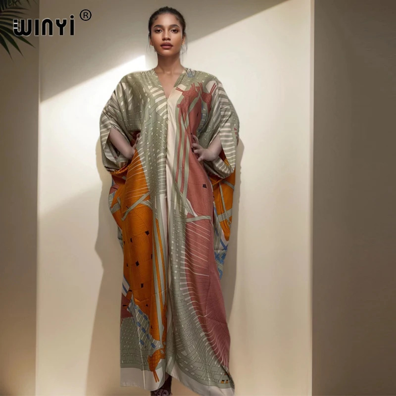 WINYI Summer Kaftan Kuwait Womens Bohemian Printed Beach Long Dress Dubai y Abaya Muslim Fashion Evening 250409