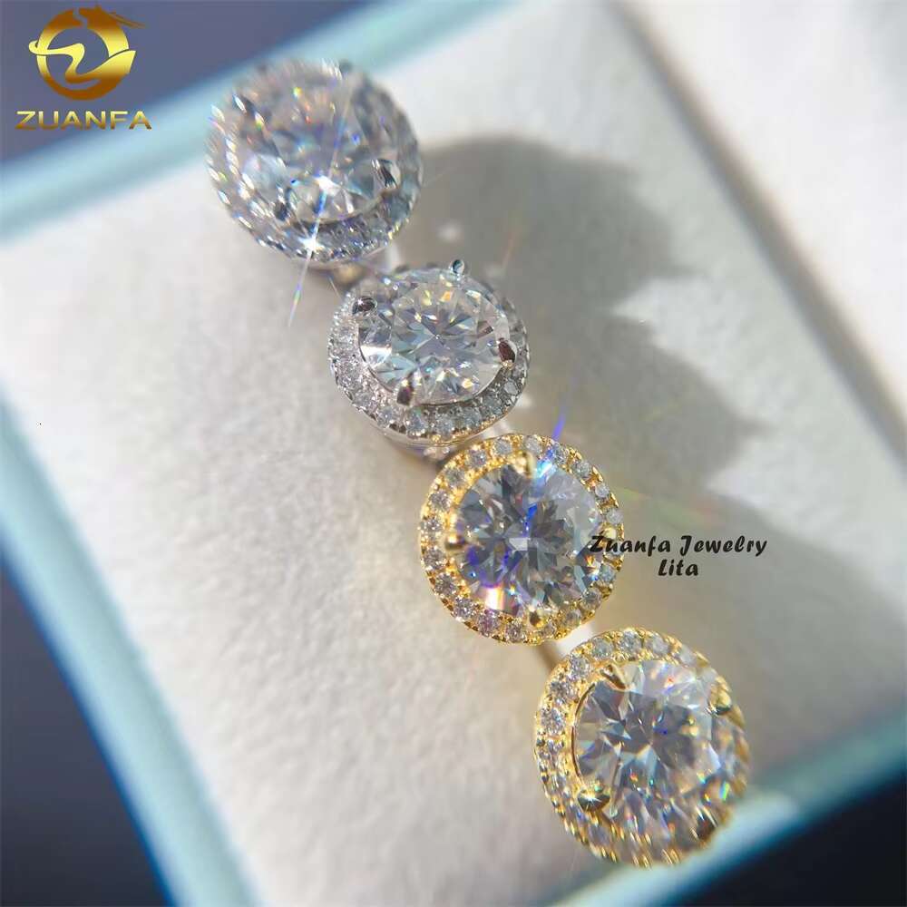 Luxury Hip Hop Big 8mm Center Stone Gold Plated 925 Sterling Silver Moissanite Diamond Earrings
