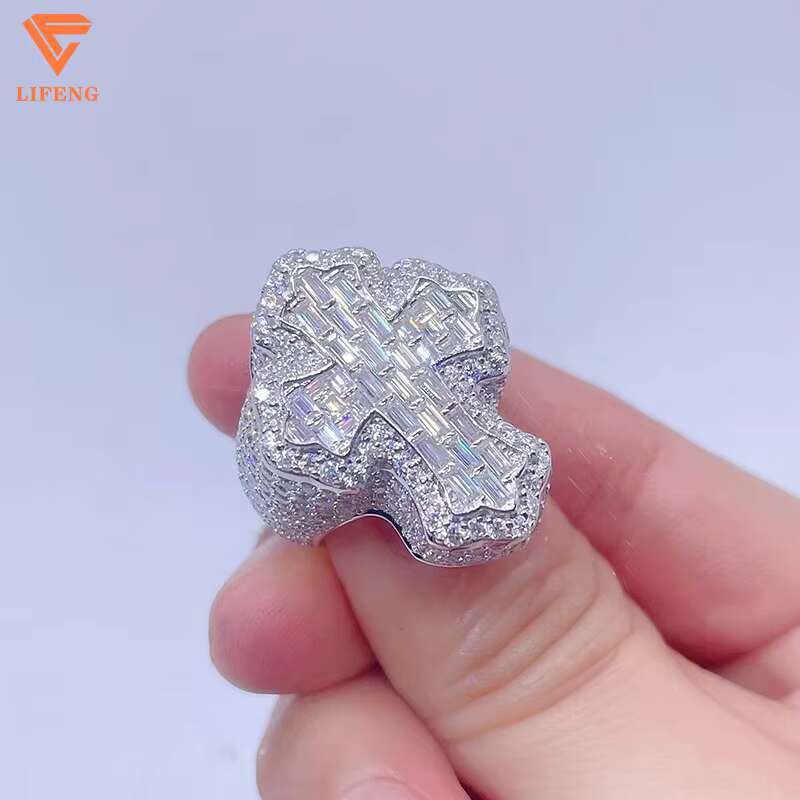 Luxury Custom Ring Baguette Cut Hip Hop Solid 925 Silver Moissanite RIng Iced Out Cross Ring Fine Jewelry