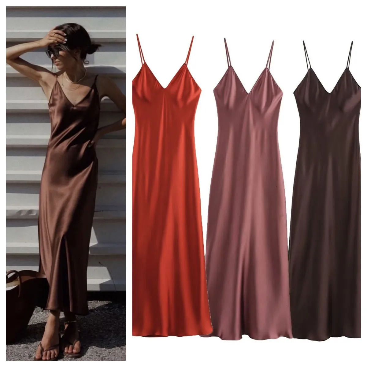 ETJ Spring TRAF Elegant Womens Fashion Silk Satin Texture MIDI Dress Sexy Backless Party Slide 250409