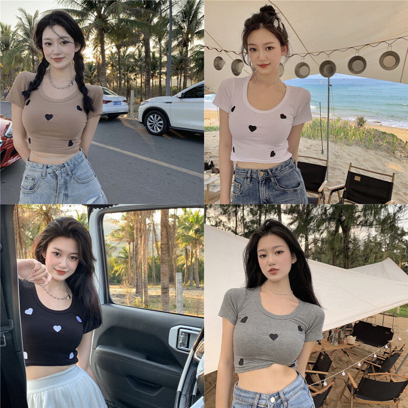 2025S Designer Women S T Shirt Knitted Thread Love Embroidered Sleeved T Shirt For Women S Spicy Girl High Waist Slim Fit Summer New Underlay Short To