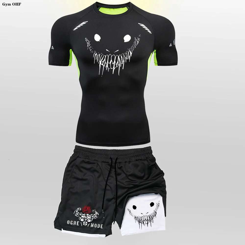 Anime Funny Face 2 in 1 T Shirt Suits Men's Fiess Breathable Second Skin Compression Shirts Sets Gym Double Deck Shorts