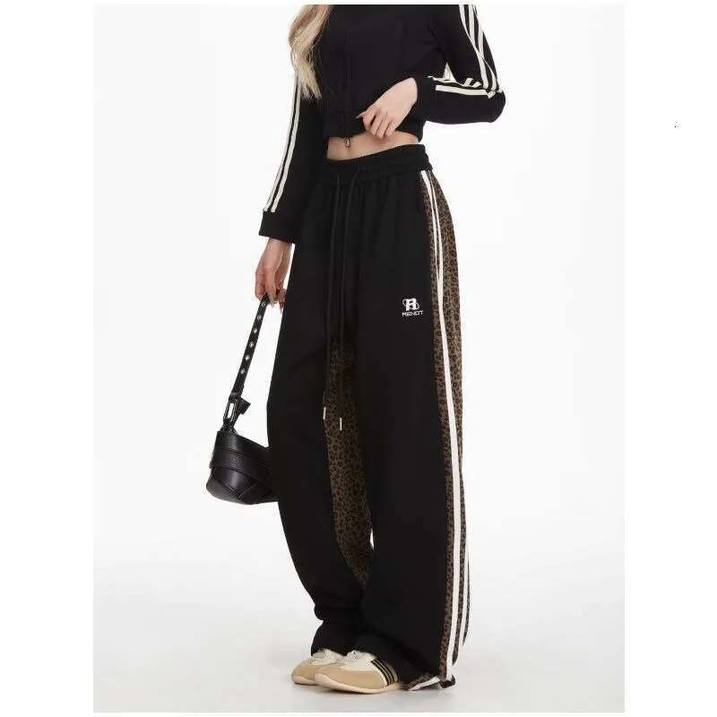Leopard Print Patchwork Thick Sweatpants For Women, American Retro Hip-Hop Loose Fit Brand Striped Sports Casual Pants