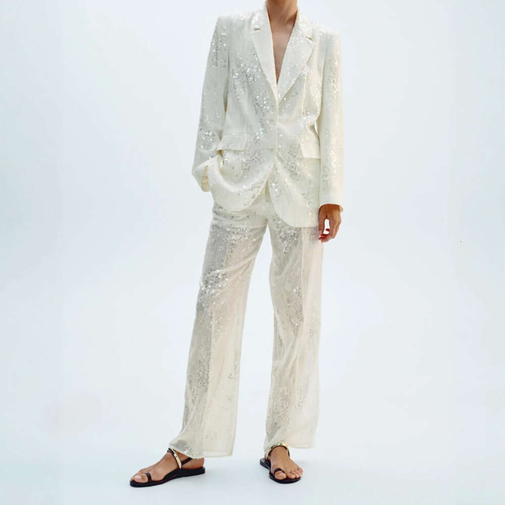Fashion Women's Sequin Blouse Suit Jacket Coat Long Pants Elegant Commuter Versatile Set for Women