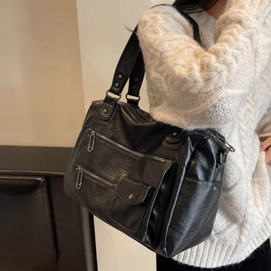 Ladies Large Capacity Satchel PU Leather Vintage Crossbody Women's Solid Color Messenger Bags Adjustable Strap Commuting Bag