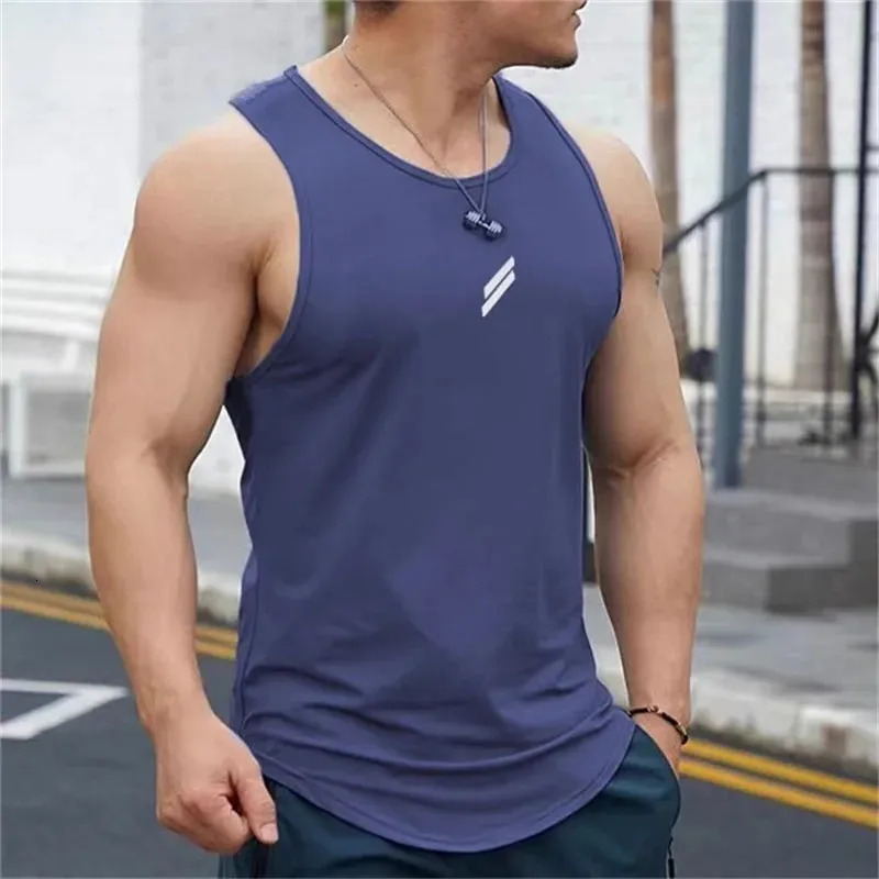 Solid color mens summer vest casual round neck mesh 3D printed sports fitness top sleeveless quick drying training 250409