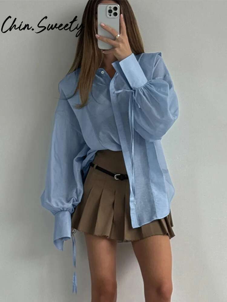 Casual Solid Women Shirt Elegant Long Sleeve Lapel Single Button Lace Up Female Shirts 2025 Spring Summer Chic Lady Clothes