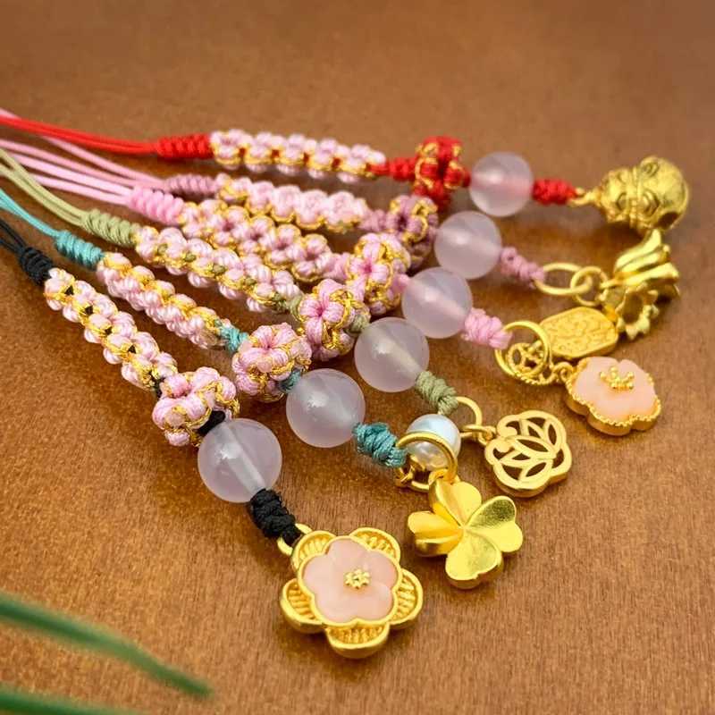 Handmade peach flower knot mobile phone rope with charming gold bag decoration car hanging ropeXJ250409