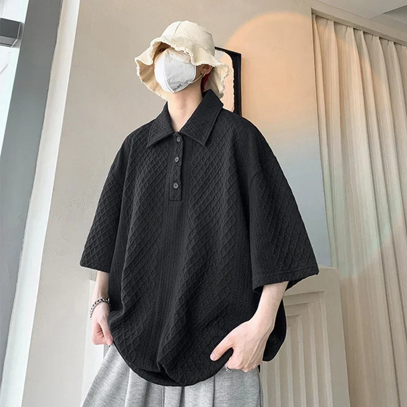 Waffle Short sleeved Mens Polo Shirt Y2K Retro Loose Tshirt Summer Casual Street Clothing Collar Para Hombre 250409