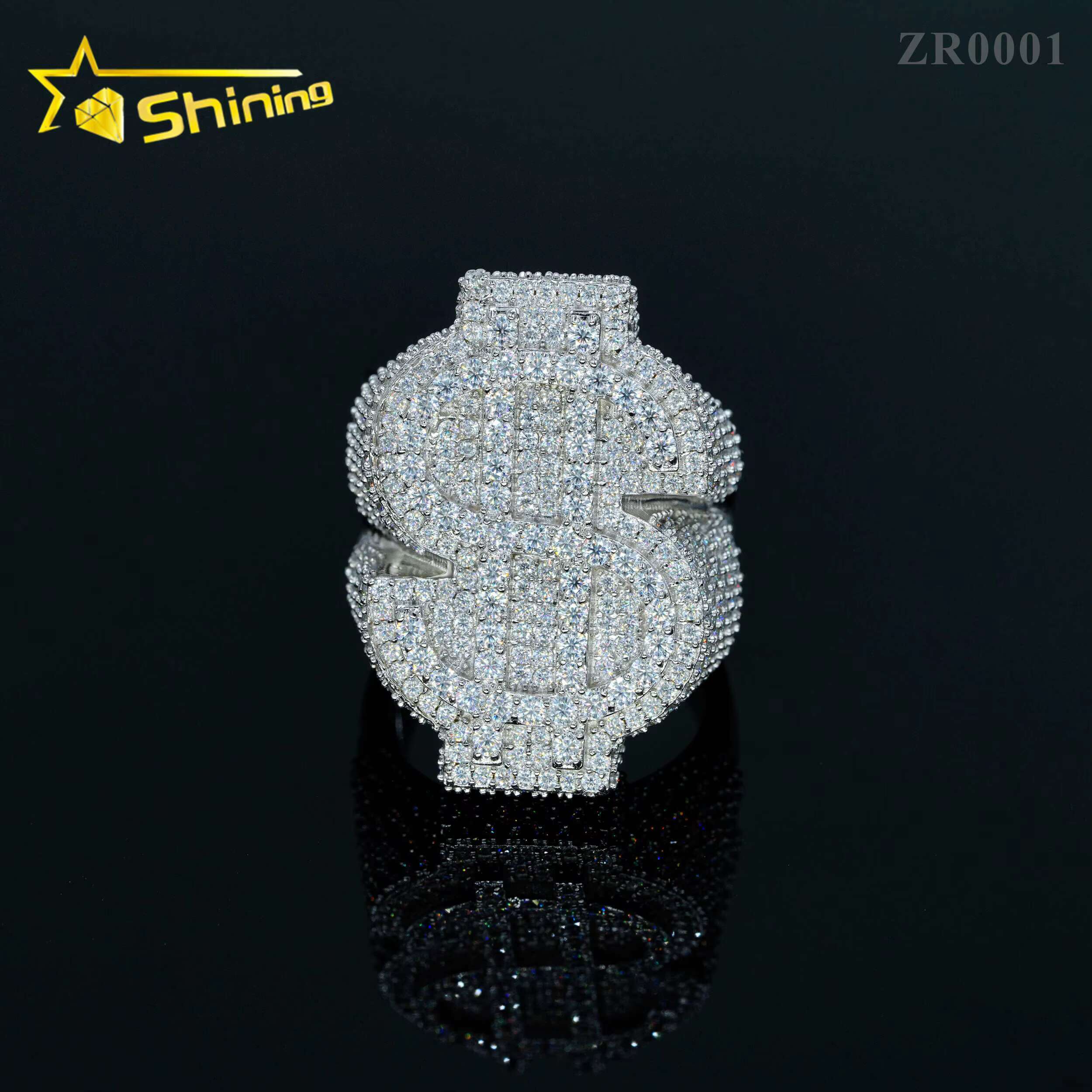 Shining Jewelry Iced Out Us Dollar Design Ring Custom 925 Sterling Silver Hip Hop Moissanite Ring Luxury Men Jewelry