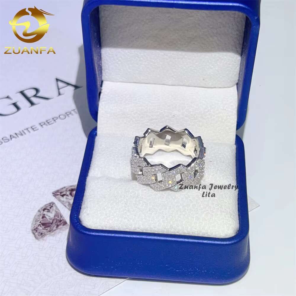Wholesale Factory Price Moissanite Jewelry 925 Silver Iced Out 2 Row Diamond Cuban Rings Hip Hop Moissanite Ring