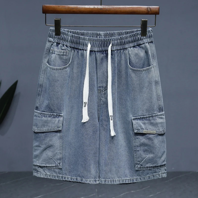 M5XL summer denim shorts mens pure cotton straight elastic waist loose casual cargo clothing fashion 250409