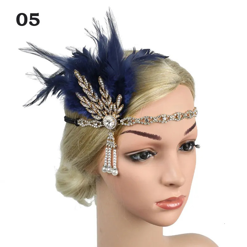 Women Vintage Feather Headband Black Rhinestone Beaded Sequin Hair Band Vintage Headpiece Flapper Feather Headdress 250409