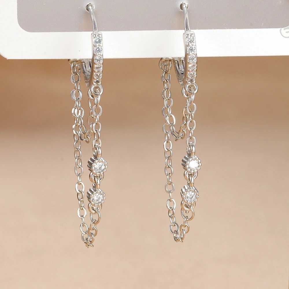 Women Stainless Steel Double Chain Hoop Earrings Crystal Tassel Earrings Fashion Party Wedding Jewelry Statement Gift Z250408