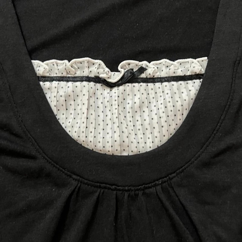 Korean Kawaii Patchwork Women T-shirt Y2K Aesthetic Vintage Milkmaid Top Fairycore Grunge Square Collar Short Sleeve Crop Top 250409