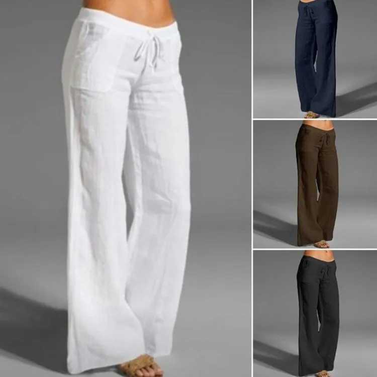 Vintage Womens Linen Pants Palazzo 2024 Casual Loose Wide Leg Pants Elastic Waist PantsXJ250403