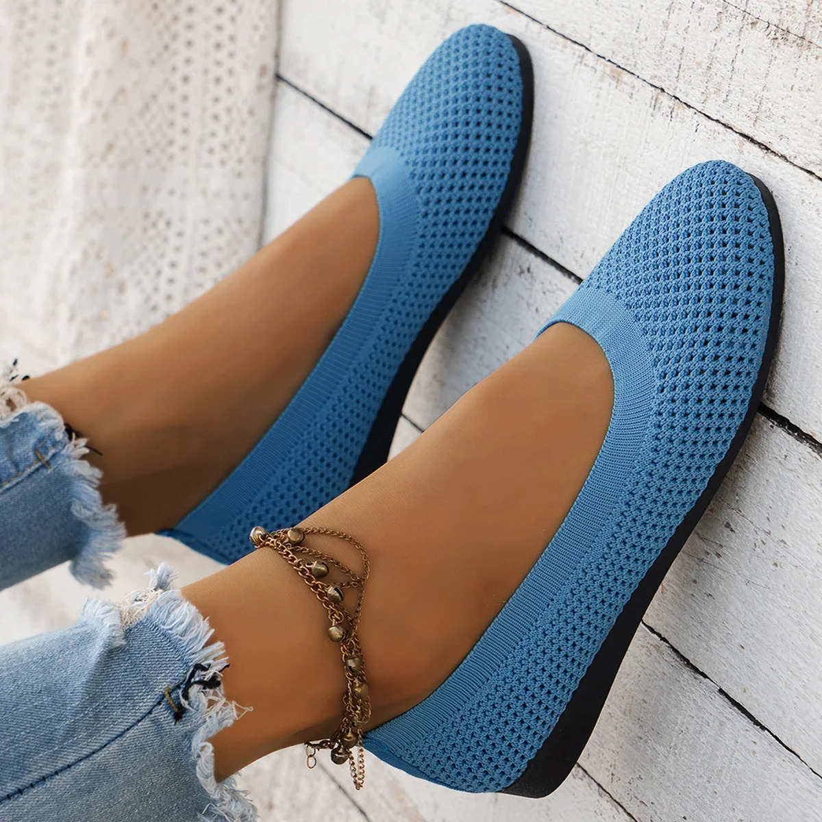 Women Round Toe Flat Shoes Solid Color Knitted Slip on Shoes Casual Breathable Ballet Flats Women Mesh Flat Shoes Loafers Woman 250402