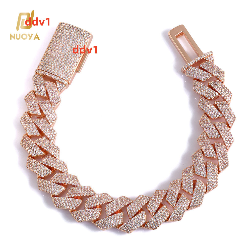NUOYA Premium 15mm 4 Row Miami Cuban Link Chain Bracelet Rose Gold Plated Iced Out Moissanite Stones Prong Set Hip Hop Jewelry