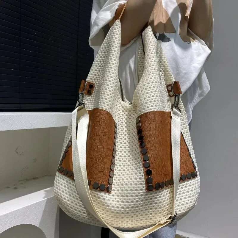 Women's Fashionable Retro Mesh Patchwork Cowhide Tote With Large Capacity Single Shoulder Crossbody Carrying Bag