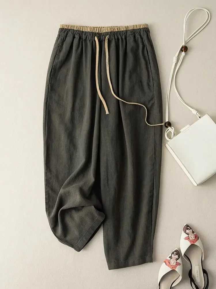 Elastic Drstring waist casual pants summer retro cotton linen loose harem pants basic Versatility wide leg ankle pantsXJ250403