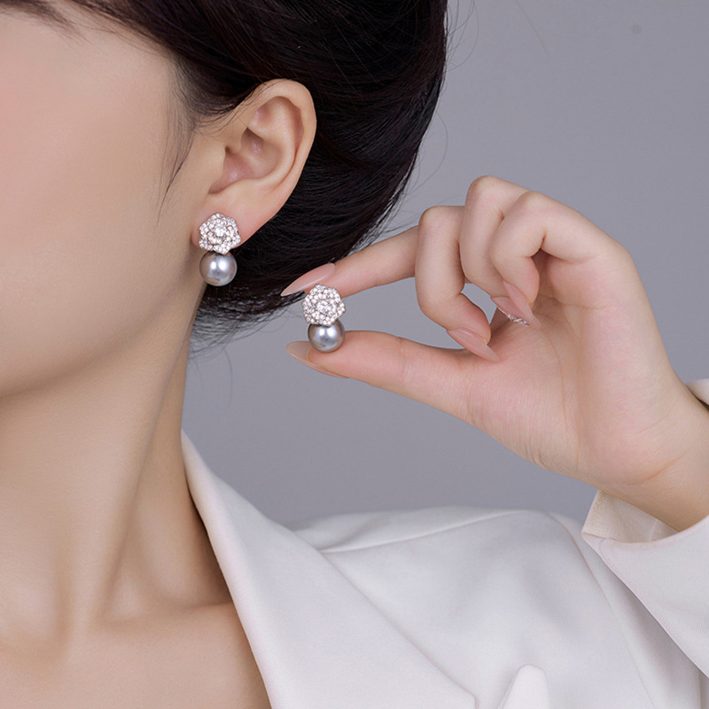 Dainty Crystal Camellia Flower Earrings for Women 18K White Gold Plated Copper Freshwater Ball Pearl Stud Earrings Luxury Design Love Couple Earrings 
