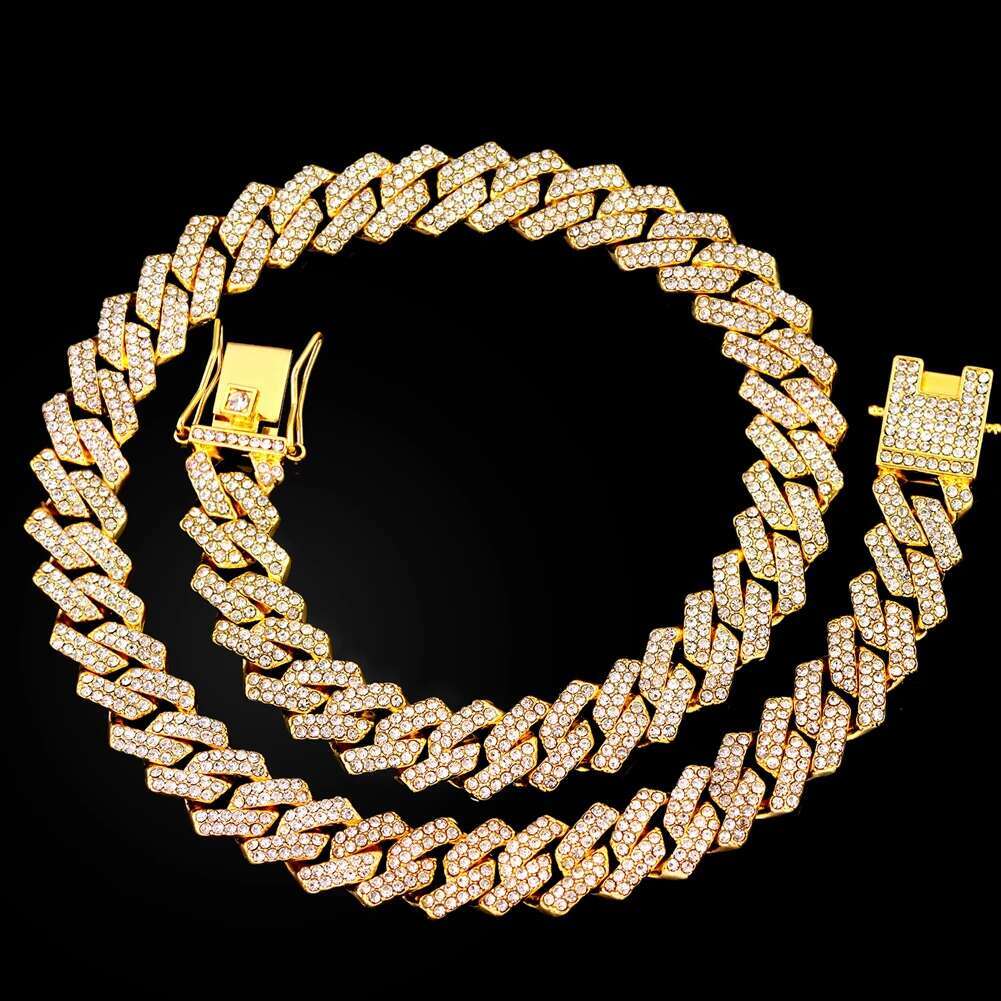 16/18/20/22/24inch Gold Color Cuban Link Chain for Women Men 2 Row Rhinestone Rhombus Prong Cuban Necklaces Hip Hop Jewelry