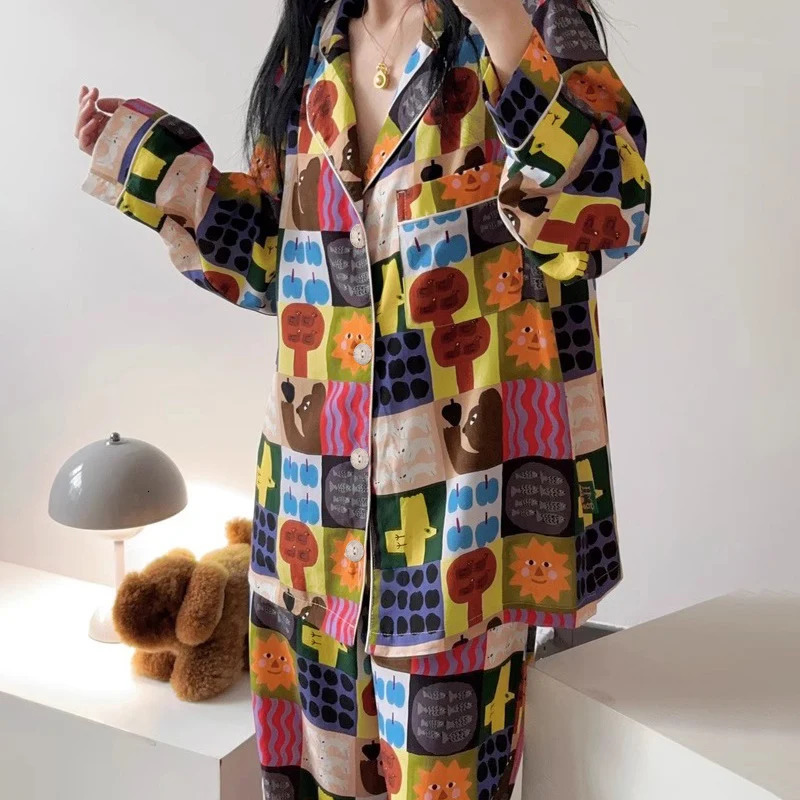 Classic cartoon cute casual lazy womens pajamas retro trend Harajuku home clothes autumn winter long sleevedpants 2piece set 250409