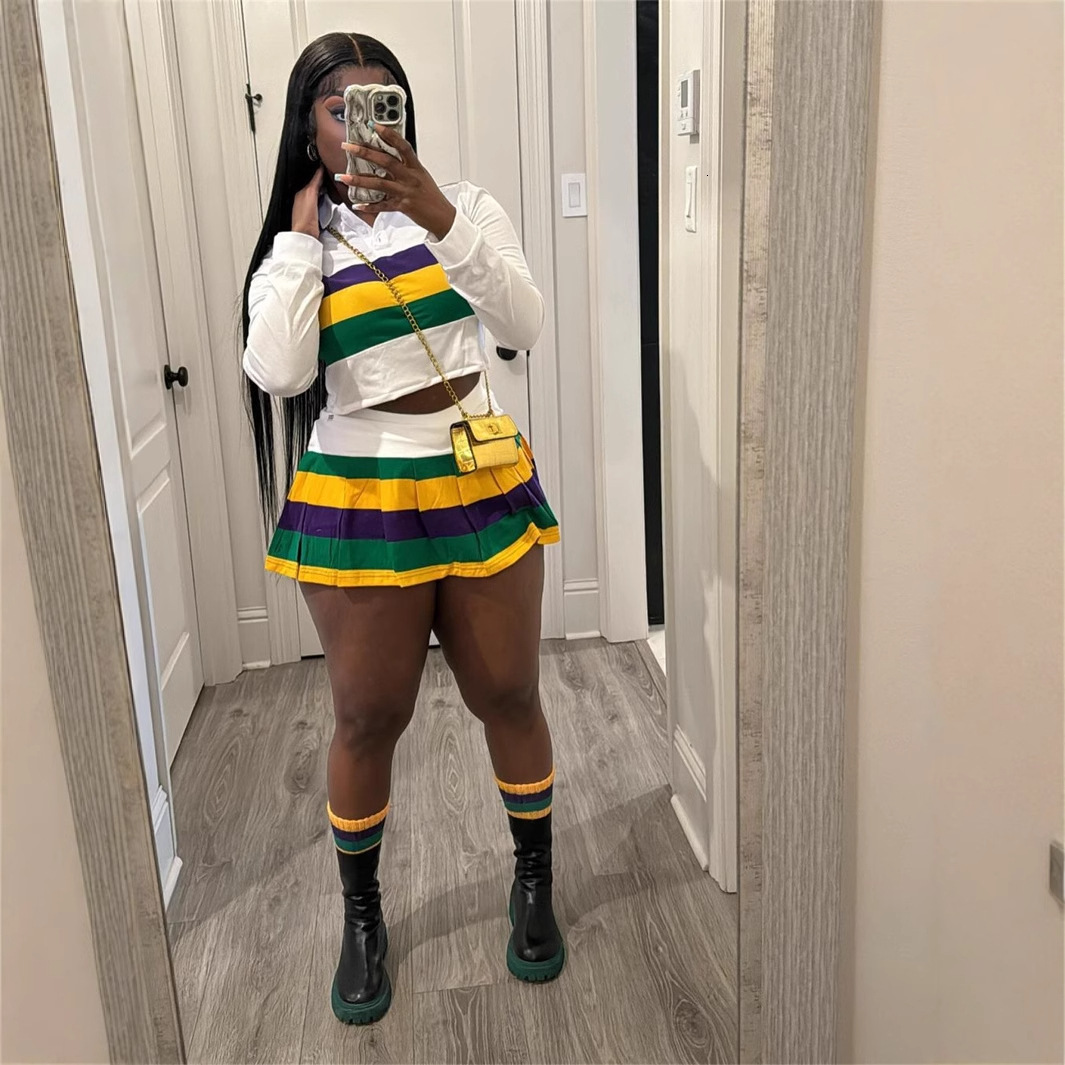 2025S Designer Women S Set New Fashion Contrasting Striped Girl Style Lapel Long Sleeved Top Pleated Short Skirt Set For Women