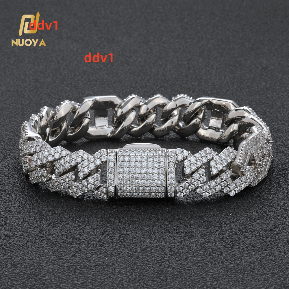 NUOYA Hip Hop Jewelry Silver Plated Cuban Bracelet Full Diamond Micro Pave Bling Moissanite Prong Cuban Link Chain Bracelet