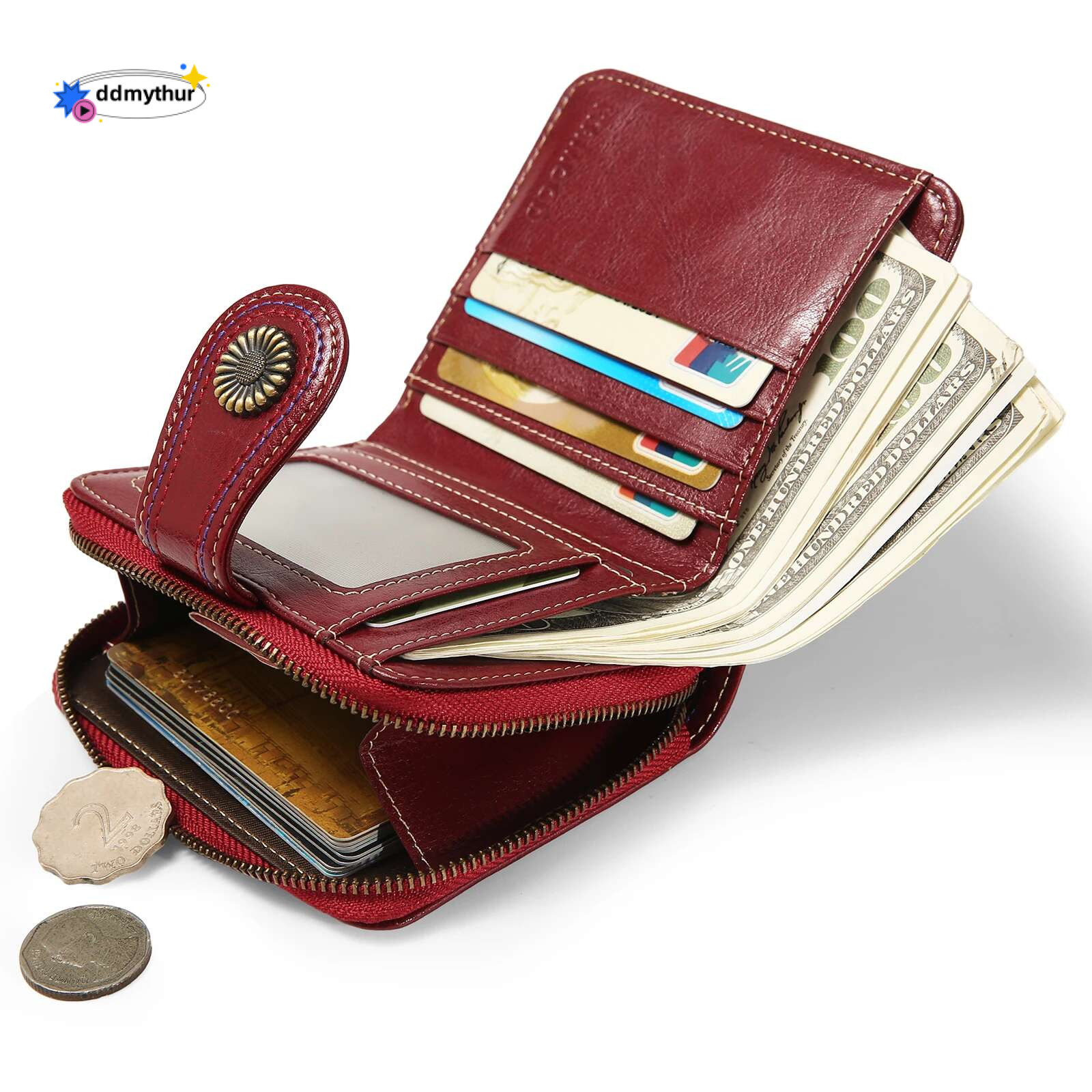 Red Card Holder with Metal Pendent Passport Short Wallet Zipper Around Clutch Purse Vintage Valentine's Day Gift ddmythur