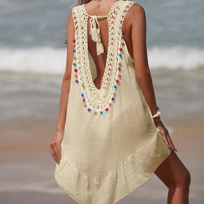 Womens Vneck backless hollow short crochet spliced black fungus dress with colorful ball beach swimsuit cover 250409
