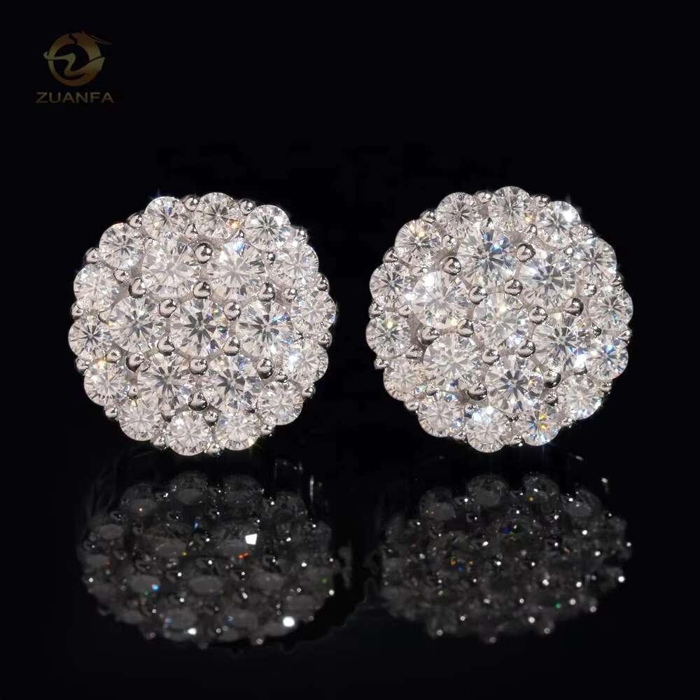 New Arrival Hip Hop Cluster Diamond Round Shape Screw Back 925 Silver Moissanite Sstud Earring