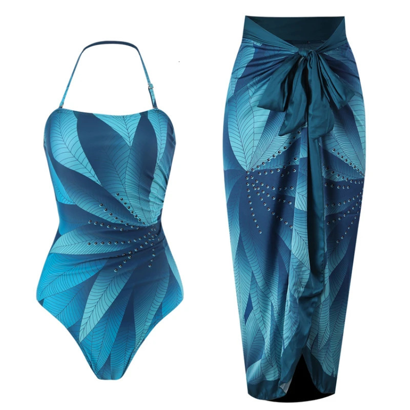 onepiece swimsuit womens ultrathin printed high waisted hanging collar French wrap abdominal bikini 250409