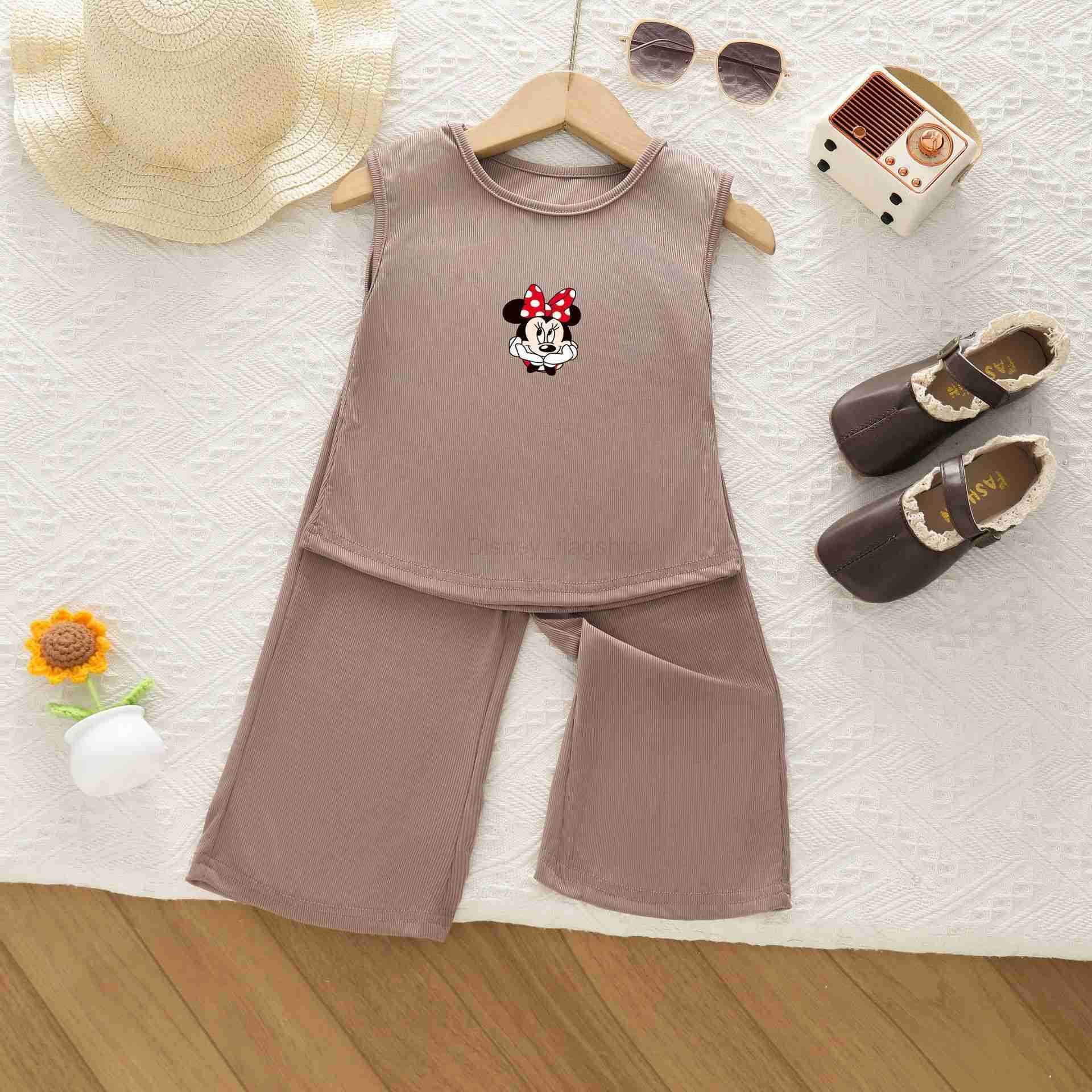 Disney Childrens Cartoon 2025 Summer New Sleeveless Ice Silk Set Tank Top Loose and Comfortable Two Piece Set for Girls SummerXJ250409