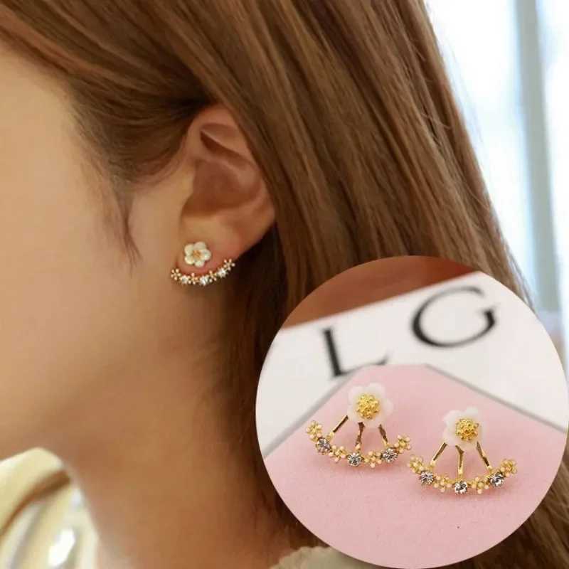 Womens Flower Earrings Zircon Ear Jacket Korean Style Copper Ear Studs Earrings Orecchini Jewelry Pendientes Aretes De Mujer Z250408
