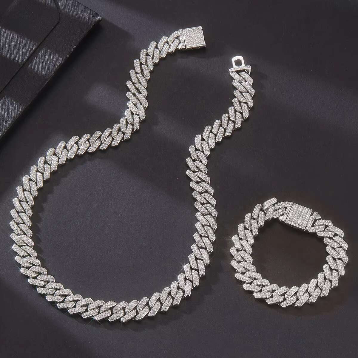 13mm Hip Hop Miami Cuban Link Chain Set Necklace +Bracelet Creative Iced Out Shiny Trendy Stylish Jewelry for Women Men