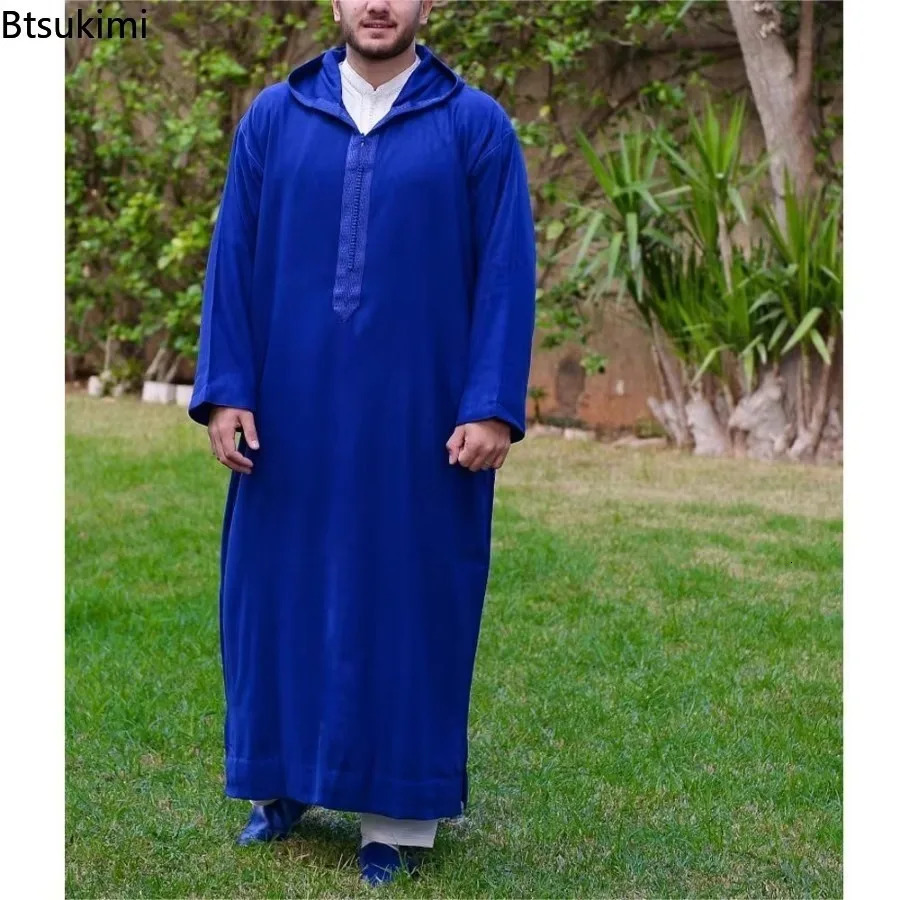 Muslim mens casual Jubba Thobe fashion Abayas Middle Eastern ethnic style hooded long robe Pakistani Islamic clothing 250409