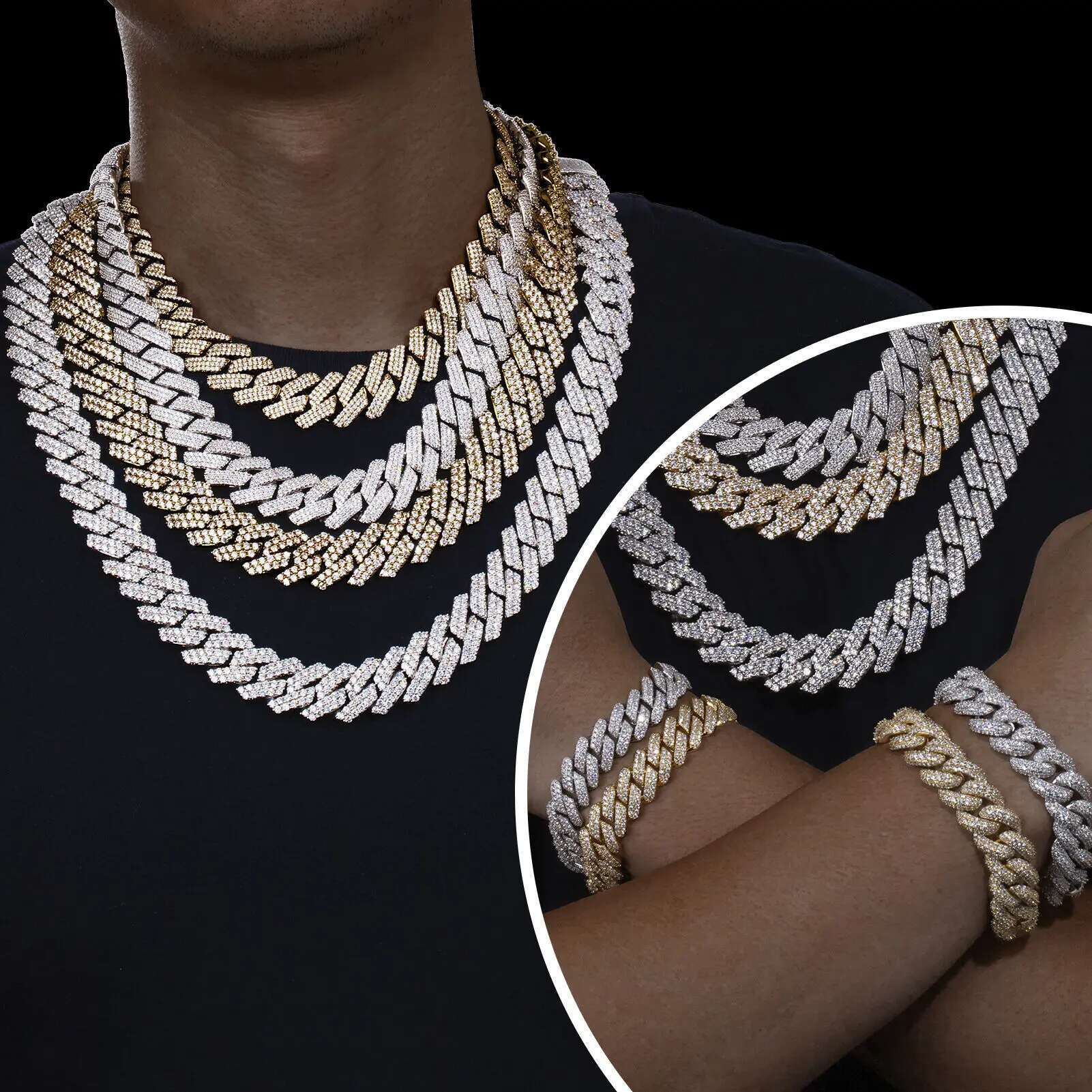 Tarnish Resistant Moissanite Cuban Link Chain 6mm-20mm 925 Sterling Silver Moissanite Cuban Necklace Iced Out Chains for Men