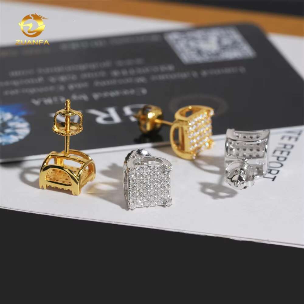 Hip Hop Square Stud 925 Sterling Silver Men Screw Back Iced Out Moissanite Earrings