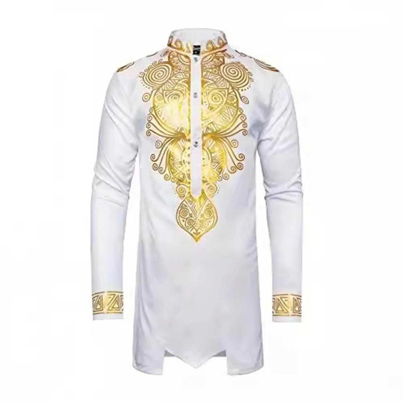 African Mens Muslim Robe Casual Gold Stamp Long Sleeve Saudi Arabia Dubai Juba Thobe Traditional Arab Cafe 250409