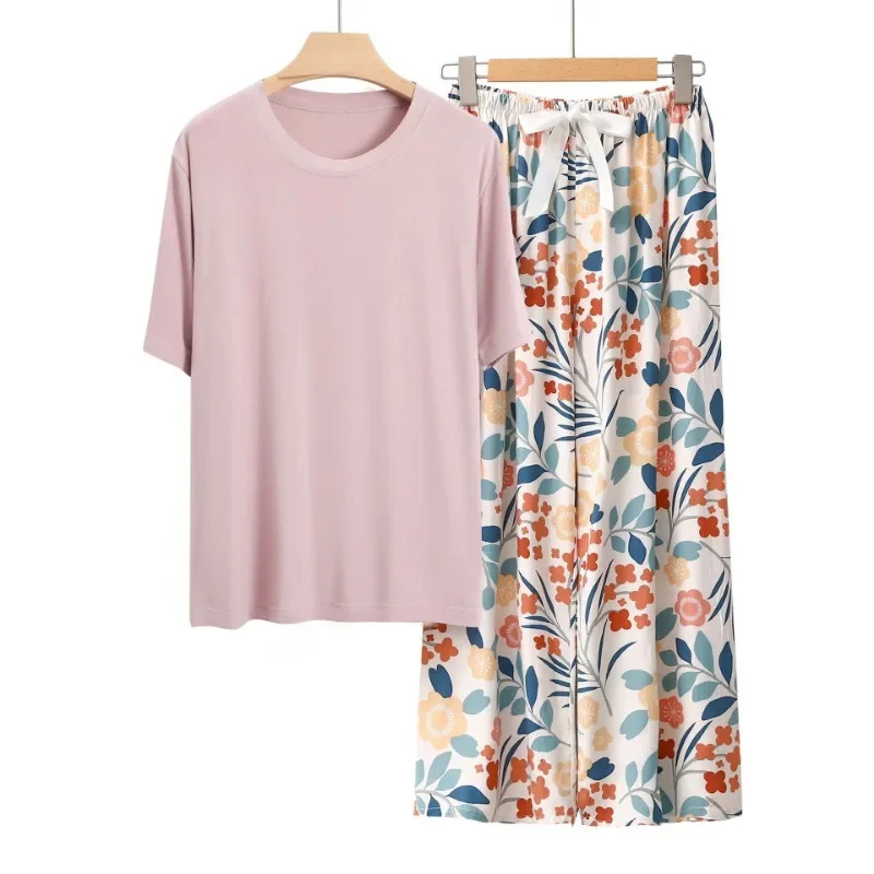 womens home clothing sleepwear set fashionable cotton contrasting color comfortable short sleeved wide leg pants 250409