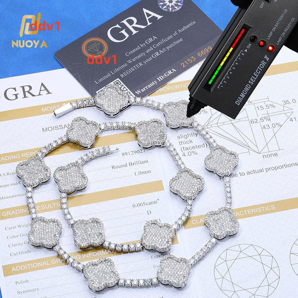 NUOYA 925 Silver VVS Moissanite Four-Leaf Clover Tennis Chain Necklace Luxury Bling Diamond Necklace Hip Hop Jewelry for Women