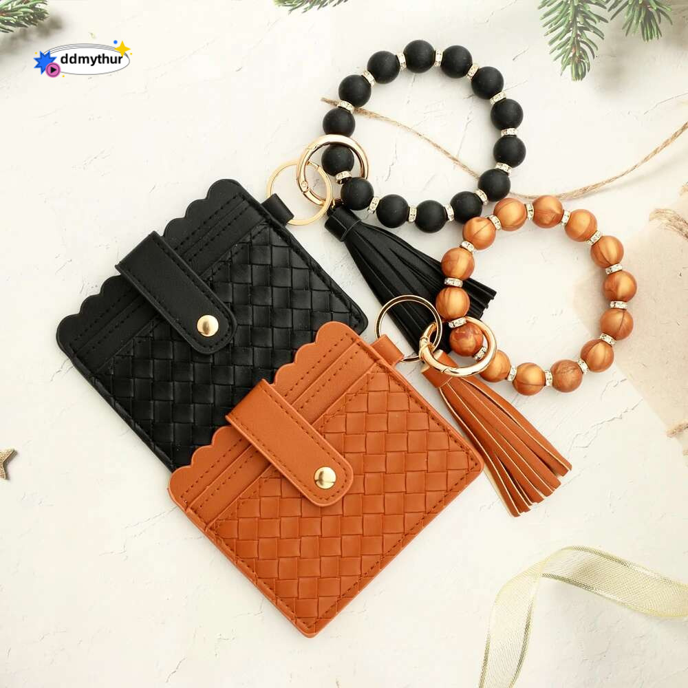 2024 New PU Silicone Beaded Bracelet Keychain Holder Women's Leather Woven Card Bag Zero Wallet ddmythur