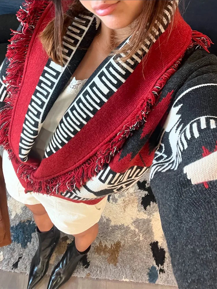 Vintage Print Tassels Knit Cardigan Women V Neck Long Sleeves Sweater Coats Female 2025 Autumn Winter Chic Warm knitwears 251106